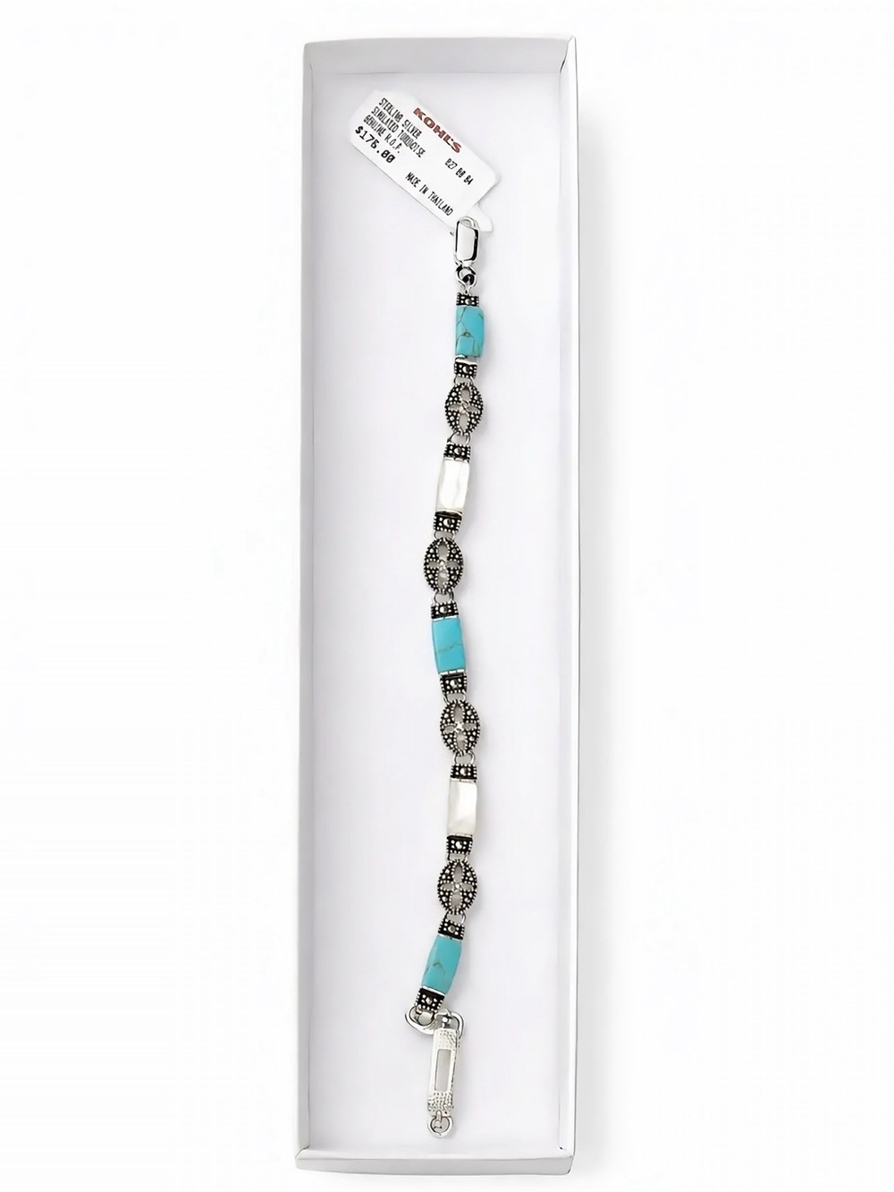 Silver-Tone Turquoise Link Bracelet White Crystal Accents NWT